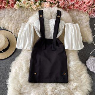 Set: Off Shoulder Blouse + Jumper Dress Black - One Size