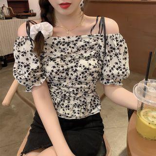 Cropped Off-shoulder Floral Suspender Puff-sleeve Top