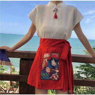 Short-sleeve Chiffon Top / Side Tie Applique A-line Skirt