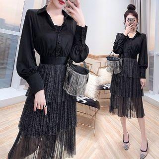 Set: Long-sleeve Blouse + Spaghetti Strap Midi Mesh Dress