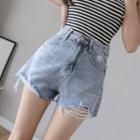 Flower Embroidered High-waist Distressed Denim Wide-leg Shorts