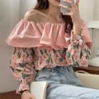 Off-shoulder Ruffle Lantern-sleeve Floral Shirt