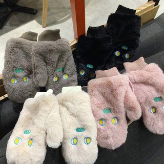 Embroidered Furry Mittens With String