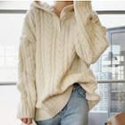 Cable Knit Buttoned Placket Hooded Sweater