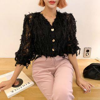V-neck Fringed Crochet Cardigan