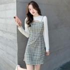 Mock Two-piece Round-neck Plaid Dress