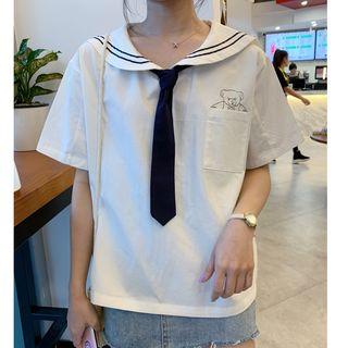 Elbow-sleeve Cartoon Print Shirt / Short-sleeve Top