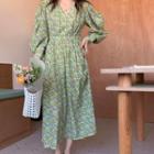 Long-sleeve Floral Print Midi A-line Dress Floral - Green - One Size
