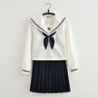 Set: Long-sleeve Sailor Collar Top + Pleated Mini Skirt
