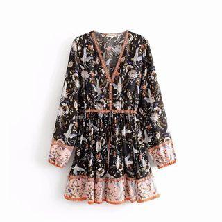 Long-sleeve Crane Print Mini A-line Dress