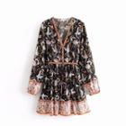 Long-sleeve Crane Print Mini A-line Dress