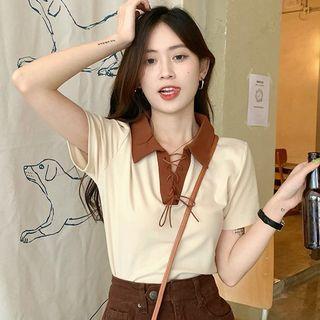 Contrast Collar Lace-up Polo Shirt
