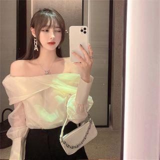 Long-sleeve Off-shoulder Mesh Top Almond - One Size