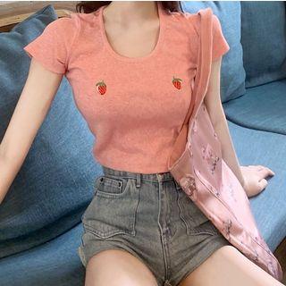 Strawberry Embroidered Crop Short-sleeve T-shirt
