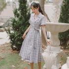 Short-sleeve Double-breasted Check Midi A-line Blazer Dress