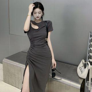Short-sleeve Cut-out Side-slit Sheath Dress