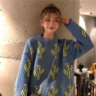 Drop-shoulder Cactus-print Sweater