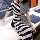 Short-sleeve Striped Paneled Midi T-shirt Dress
