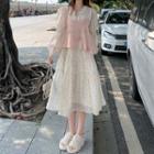 Puff-sleeve Floral Midi Smock Dress / Flower Detail Knit Camisole Top
