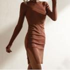 Ribbed Knit Drawstring Slit Sheath Dress