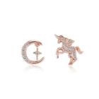 925 Sterling Silver Plated Rose Gold Unicorn Moon Stud Earrings With Austrian Element Crystal Rose Gold - One Size