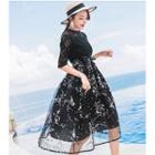 Lace Panel Elbow Sleeve Floral Patterned Midi Dress
