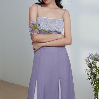 Spaghetti Strap Lace Panel Slit Midi A-line Dress