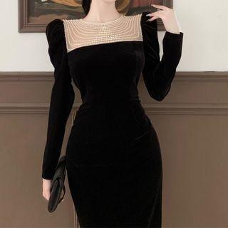 Long-sleeve Faux Pearl Panel Midi Sheath Dress