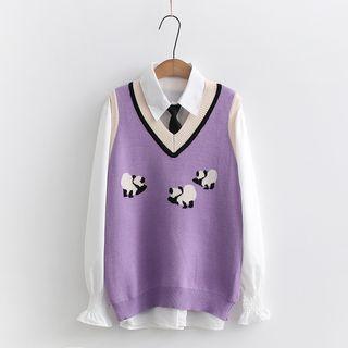 Panda Print Sweater Vest / Long-sleeve Plain Blouse / Tie / Set