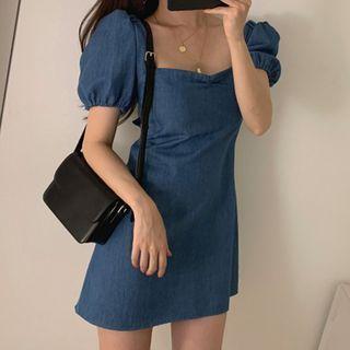 Balloon-sleeve Bow Back Denim A-line Dress