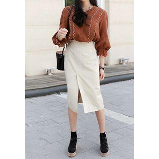 Slit-hem Linen Blend Midi Skirt