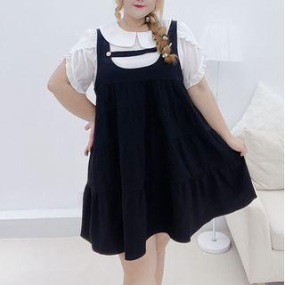 Plus Size Set: Short-sleeve Ruffle Shirt + Mini Overall Dress