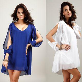 Cut Out Sleeve V-neck Chiffon Dress