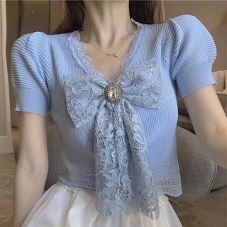 Lace Trim Bow-accent Puff-sleeve Dress