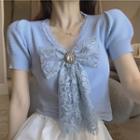 Lace Trim Bow-accent Puff-sleeve Dress