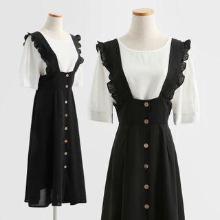 Set: Short-sleeve Plain T-shirt + Ruffle Midi Overall Dress