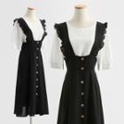 Set: Short-sleeve Plain T-shirt + Ruffle Midi Overall Dress