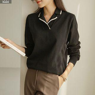 Piped Open-placket Knit Top