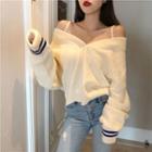 Striped Off-shoulder Long-sleeve Loose-fit Sweater Almond - One Size