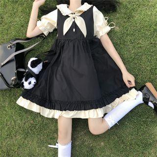 Mock Two-piece Ruffle Trim Midi A-line Dress / Bow / Set