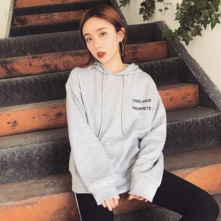 Long-sleeved Floral Print Embroidered Lettering Loose-fit Pocketed Hooded Sweatshirt
