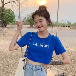 Short-sleeve Lettering Crop T-shirt Blue - One Size