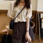 Puff-sleeve Crocheted Lace Panel Blouse / Wide-leg Shorts