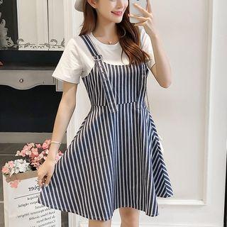 Set: Crew-neck Short-sleeve T-shirt + Striped Suspender Dress
