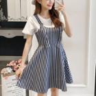 Set: Crew-neck Short-sleeve T-shirt + Striped Suspender Dress