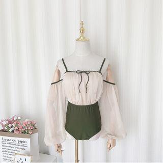 Set: Cold-shoulder Lace-up Long-sleeve Swimsuit + Swim Skirt