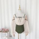 Set: Cold-shoulder Lace-up Long-sleeve Swimsuit + Swim Skirt