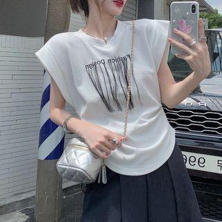 Sleeveless Lettering Fringed T-shirt White - One Size