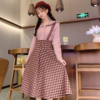 Frilled Trim Corduroy Blouse / Plaid Midi Suspender Skirt