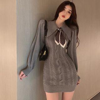 Collared Cable-knit Long-sleeve Mini Sheath Dress